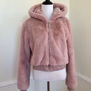 Dusty rose faux fur bomber jacket